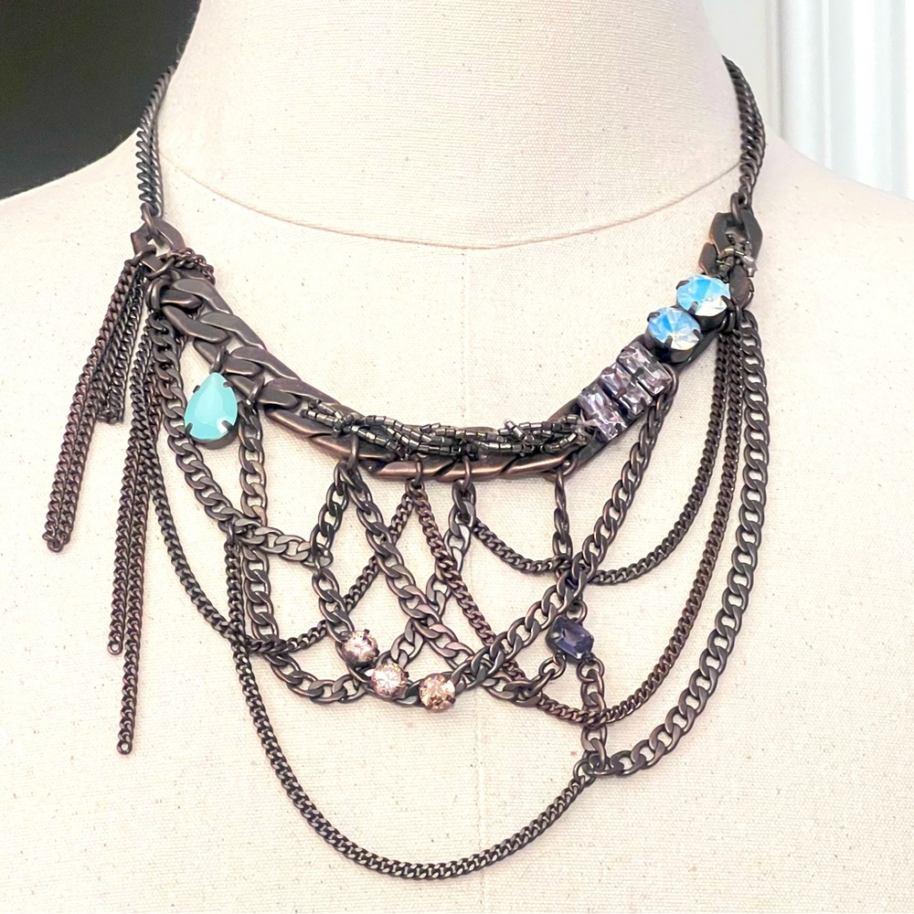 NWT Juicy Couture Antique Rose Gold Multi-Link Bib Necklace w/ Crystals & Beads